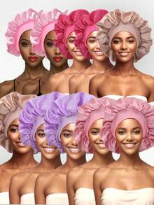 10Piece Women's Solid Color Elastic Brim Bonnets - Solid-Color Sleek Satin Fabric For Casual Comfort, Sleep, And Hair Protection. - Multicolor-solid Color-10pcs - View 11