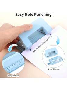 Perforadora de escritorio de 2 orificios, perforadora manual de 2 orificios para carpetas de hojas sueltas, construcción de metal sólido y plástico duradero, adecuada para el aula y la oficina, fácil de limpiar - simplemente abra el compartimento inferior para desechar los residuos. Se puede usar para organizar documentos importantes o crear tarjetas decorativas y origami, su mecanismo de perforación preciso ayuda a alinear los orificios con precisión, lo que la convierte en una herramienta útil para la fabricación de tarjetas y el empaquetado de regalos.