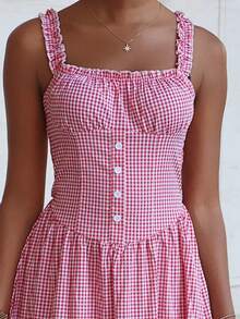 Mima John Elegant Plaid Maxi Slip Dress, Summer - Red and White - View 5