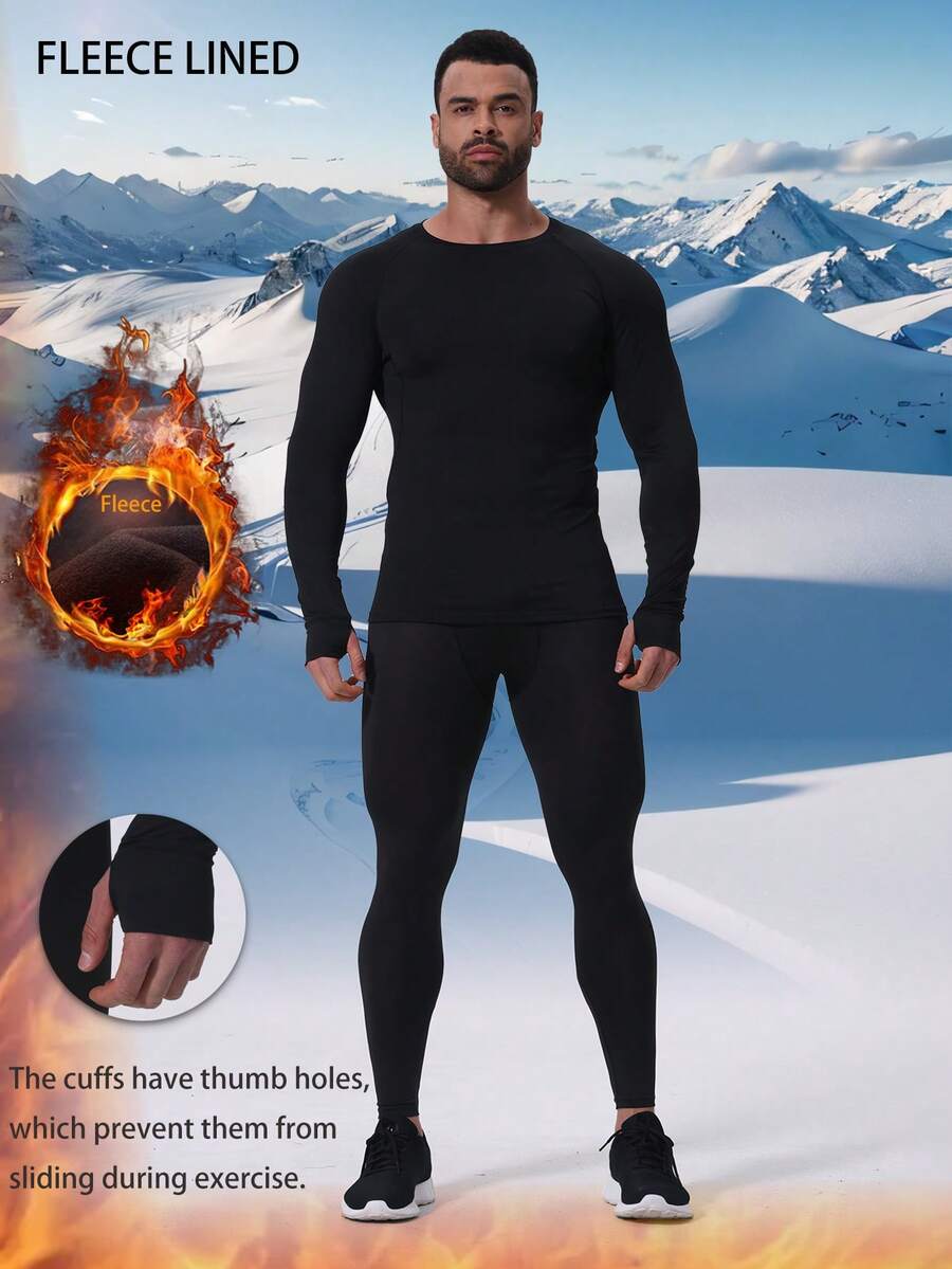 Winter Thermal Underwear Set For Fitness, Outdoor Sports, Hiking, Hunting, Skiing - Includes Fleece Thermal Shirt, Compression Tights, Long Sleeve T-Shirt, Pants For Running, Basketball, Cycling, Men