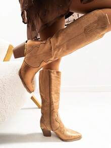 VIKIVIKI SHOES Women's Tall Cowboy Boots, Long Shaft, Elegant Design, Fine Toe, Wide Heel, Durable Sole, Comfortable For Casual Wear Or Special Events. Estimated Delivery: 1-3 Business Days (Peninsula). - 駝色 - 查看 9