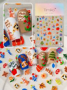 一款卡通美甲贴纸，采用激光浮雕技术，可爱俏皮的手绘风格，图案包括兔子、松鼠、苹果、花朵等，适合个人DIY和美甲沙龙使用。 - 彩色 - 查看 1