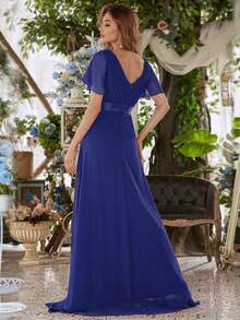 Elegant V-Neck Ruffle Butterfly Sleeve Bridesmaid Dress - Royal Blue - View 4