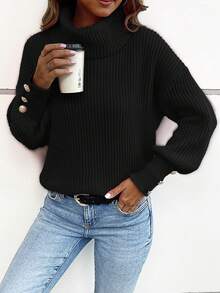 Women's Loose High Neck Sweater, Casual & Formal Ribbed Knit Button Up Long Sleeve Pullover Black - Black - View 8