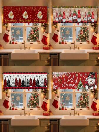 וילון אחד בנושא חג המולד, עם עיצובים מקסים של סנטה קלאוס, איש שלג "תן לזה לרדת שלג", גמד אדום לחג המולד, עץ אורן ו"חג מולד שמח", עיצוב הבית, קישוט למסיבת חג המולד, עיצוב אווירה, 45x140 ס"מ.