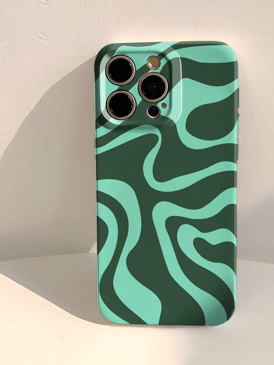 Green 1pc Minimalist Artistic Color Block Asymmetrical Pattern Perforated Glossy Film Hard Phone Case, Compatible With Iphone 11/12/13/14/15/16 Pro Max