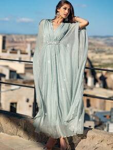 Fashion Light Green Dress: V-Neck And Waist Delicate Pearl Decor, Flowing Butterfly Sleeve Shiny Fabric Making Elegant Style