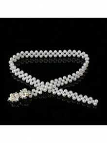 2pcs Women Pearl Elastic Waist Chain, Gold Flower Bow Waist Belt, Suitable For Evening Dress, Gown, Party, Wedding, Mother's Day Gift