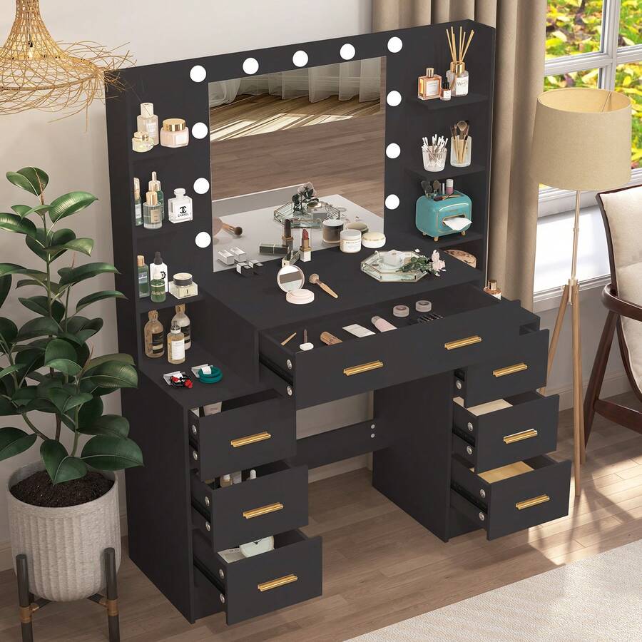 Special Offer Products Black Large Vanity Desk W/11 LED Mirror 7 Drawers Dressing Table W/3 Color Light - 黑色 - 查看 1