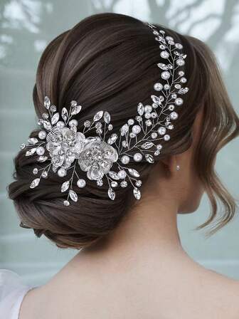 1 件水钻花朵新娘发梳，闪亮银合金头饰适合伴娘、女士婚礼、派对、节日、生日、万圣节、圣诞节装饰发饰