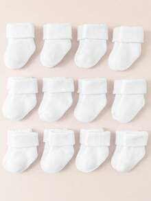 6双新生儿纯白色纯色平口袜子，柔软舒适，温暖，适合秋冬季