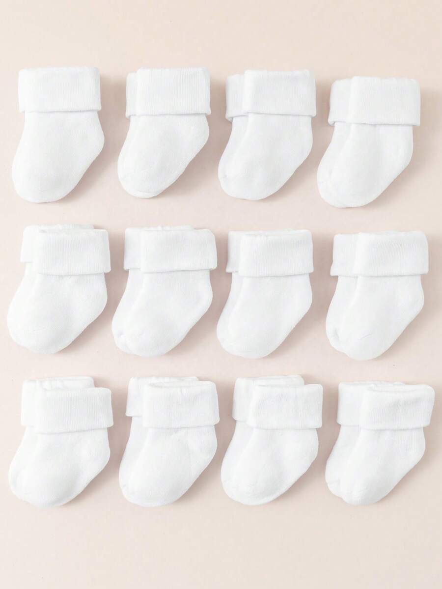6双新生儿纯白色纯色平口袜子，柔软舒适，温暖，适合秋冬季