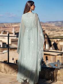 Fashion Light Green Dress: V-Neck And Waist Delicate Pearl Decor, Flowing Butterfly Sleeve Shiny Fabric Making Elegant Style