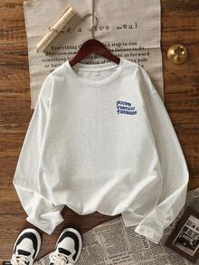 女士休闲圆领图案印花可爱棉质长袖 T 恤，适合春秋季节穿着 - 淺花灰 - 查看 4