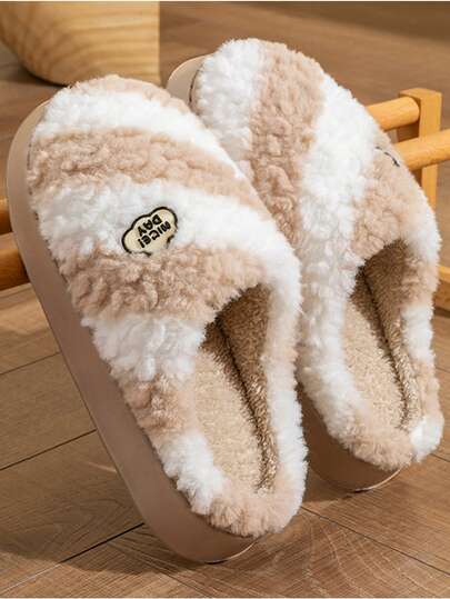 Damen neue gestreifte Plüsch-Hausschuhe, warme Hausschuhe für Zuhause, dicke flauschige Hausschuhe