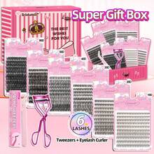 6 Boxes D Curl DIY Cluster Lash Extension Kit Cluster Lashes Mixed Different Length And Styles Natural Volume Fluffy, Clear Band Bottom Individual Lashes Cluster Segmented Spikes,With Eyelash Curler ,One-Stop Shopping Lash Kit Lash Gift Pack,For Yourself Or Friend Family Best Girl Gift - màu đen - Xem 2