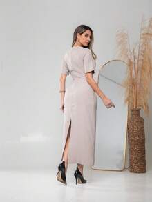 Long Dress With Short Sleeves With Belt Formal And Evening V775 - Beige - View 4