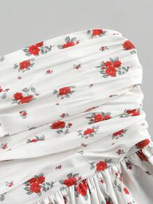 女士花卉印花修身短款吊带背心，荷叶边腰部，甜美而火辣的风格 - 白色 - 查看 7