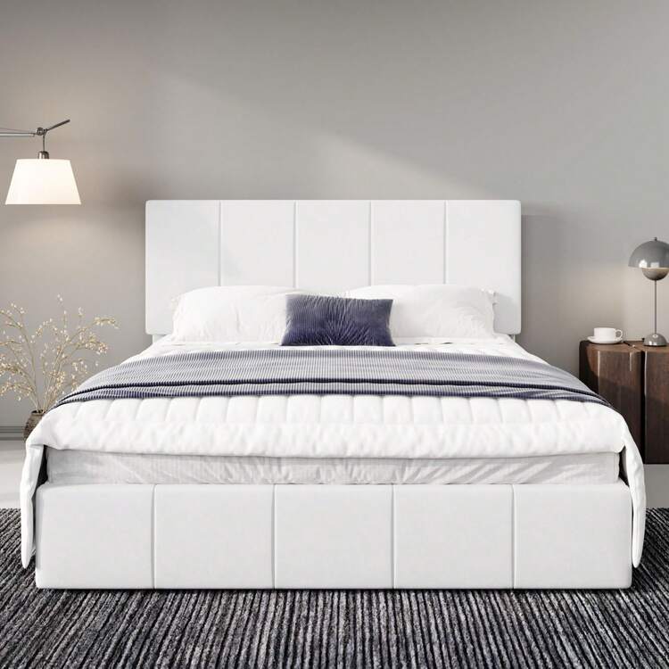 Allewie Full/Queen/King Size Dutch Velvet Upholstered Platform Bed Frame/Vertical Channel Tufted Adjustable Headboard/Low Profile Bed Frame/No Box Spring Needed/Easy Assembly, White - 白色 - 查看 2