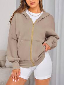 Women Casual Zipper Hoodie Long Sleeve Sweatshirt Y2K Hooded Jacket Fall Autumn Winter Going Out Clothes - Màu xám kaki - Xem 3