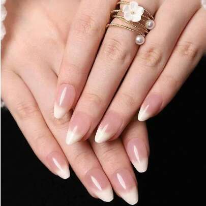 24片杏仁形渐变法式美甲贴纸，附赠1支果冻胶，适合女性和女孩日常佩戴。