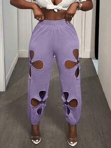 Women's Sexy Drawstring Waist O-Ring Detail Casual Ripped Pants Everyday Wear,Women's Casual Sports Pants,High-Stretch Plum Blossom Ripped Hollowed Out Sweatpants Women Fashion Casual Pants- Soft, Solid Color, Machine Washable, Perfect For All Seasons - Màu tím - Xem 6