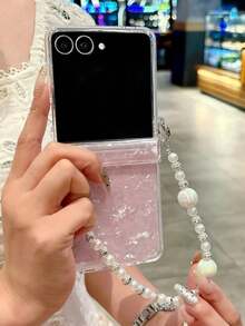 Luxury Laser Aurora Shell Pattern Bracelet Chain Pink Phone Case Compatible With Samsung Galaxy Z Flip 7 6 5 4 3 5G Cute Colorful Camera Protection Shockproof Cover - 粉色 - 查看 3