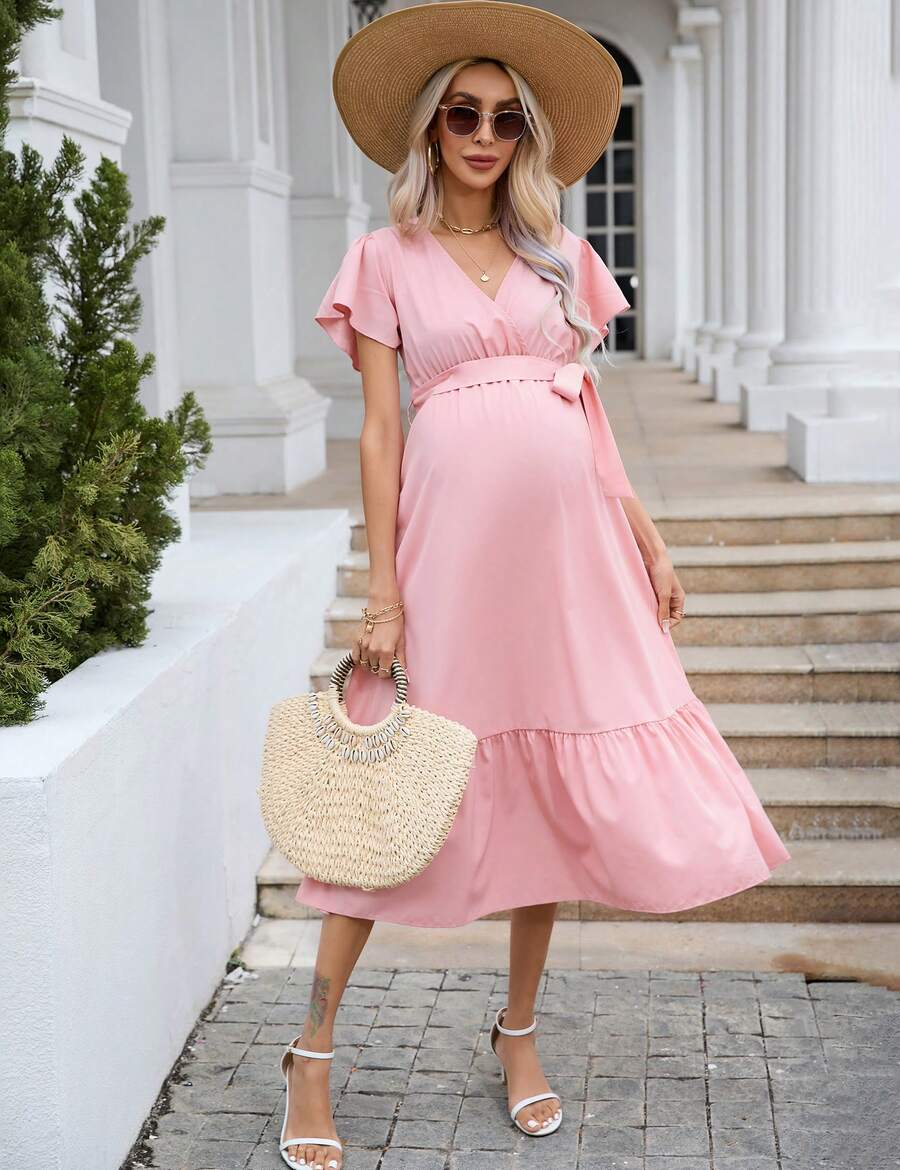 GoyRrbay Maternity Dress Women's V-Neck Short Sleeve Floral Maxi Dress - Hồng - Xem 1