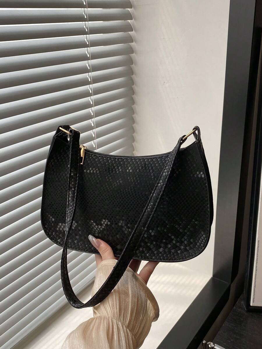 1pc Fish Scale Pattern PU Leather Zipper Closure Shoulder Bag For Women, Suitable For Everyday Use In Autumn/Winter - Black - View 1