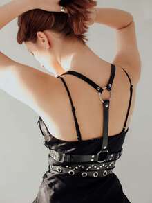 Läderbröstsele för kvinnor Läderkroppssele Goth bröstsele Kvinna Ravekostymbälte Damsele Läder - Svart - Visa 4