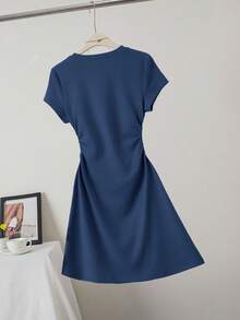 Women's Casual Slim Fit Butterfly Print Detail Minimalist Solid Color Ruched Crew Neck Short Sleeve Dress