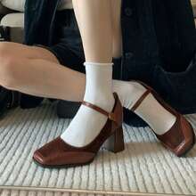 Empalme retro francés de zapatos raros de Mary de boca clara marrones, zapatos de mujer abrochados con tacones altos, zapatos de mujer gruesos, Zapatos de tacón de mujer - Marrón - Ver 3