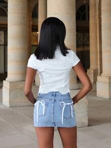 Mima John 夏季蝴蝶结装饰牛仔迷你裙 - 淺色水洗藍 - 查看 4