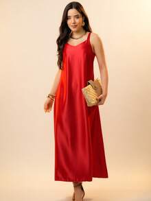 Italian Style Boat Neck Sleeveless Fitted Dress For Women - 紅色 - 查看 2