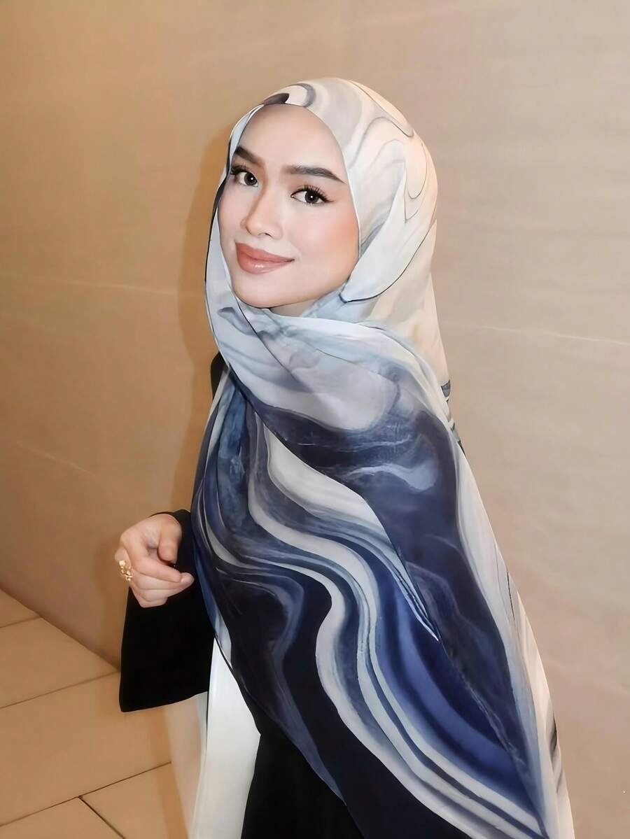 1件水印大理石纹波西米亚风女士多色印花花卉面纱头巾，时尚休闲街头风头巾，适合日常佩戴，四季皆宜。 - 彩色 - 查看 1