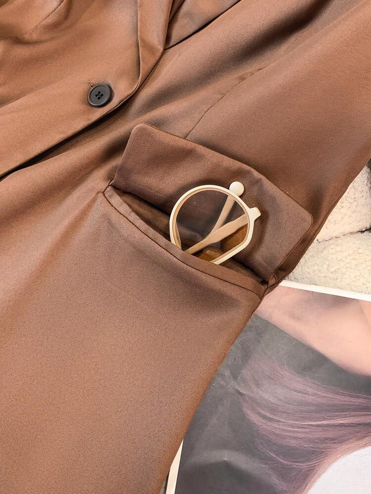 Women's Casual Office Solid Color Lapel Blazer Jacket, Long Sleeve Button Pockets, Suitable For Autumn, Winter And Spring - Brown - View 9