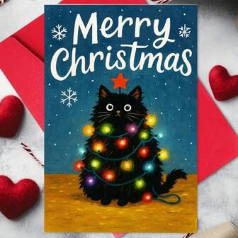 1 pièce Carte de vœux de Noël joyeux avec un adorable chat noir dans un design de lumières festives - parfait pour les amateurs de chats, la saison des fêtes, les amis, la famille et les célébrations festives - comprend une enveloppe et une carte de vœux, cartes de Noël