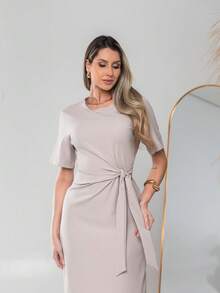 Long Dress With Short Sleeves With Belt Formal And Evening V775 - Beige - View 8