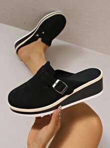 New Women Platform Mules Shoes, Black & Beige Faux Suede Round Toe Slip-On Fashion Thick Bottom Loafers - Black - View 2