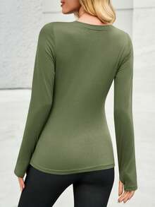 Fisoew Women's Long Sleeve Workout Shirt With Thumb Holes - Lightweight Breathable Athletic Top For Running, Yoga, Gym & Training - xanh quân đội - Xem 4