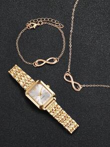 3pcs/Set Women's Gift Watch With Steel Band, Square Minimalist Roman Numeral Dial, Elegant Quartz Wristwatch + Bracelet + Necklace (Watch Box Not Included) - Gold - View 4