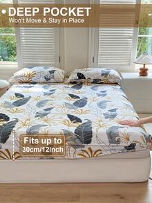 1pc Tree Branch, Leaf & Flower Pattern Fitted Sheet, Mattress Protector, Christmas Bedding, Soft & Breathable, Fits Various Bed Sizes, Christmas Gift