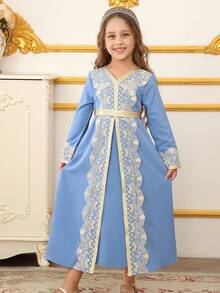 少女浅蓝色金色刺绣蕾丝边长袍，斋月传统文化服饰，刺绣长袍 - 藍色 - 查看 1