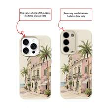 1pc TPU Material Tropical Scenery European Coastal Architecture Palm Tree Pattern Phone Case Compatible With IPhone/ - White - View 7