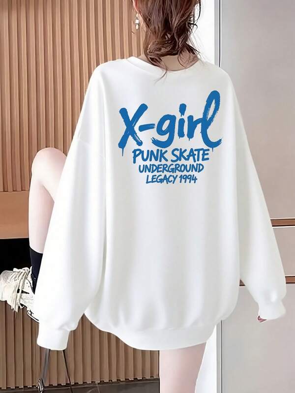 New 320g Retro Street Style Women's Autumn And Winter Fashion Loose Sweatshirt, X-Girl Pattern Print, Soft Fabric, Unisex One-Piece Long-Sleeved Sweatshirt
