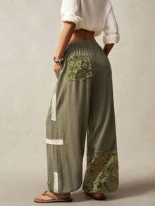 BOHO Women's Loose Fit Patchwork Casual Long Pants, Country Style Vacation For Spring/Summer - xanh quân đội - Xem 2
