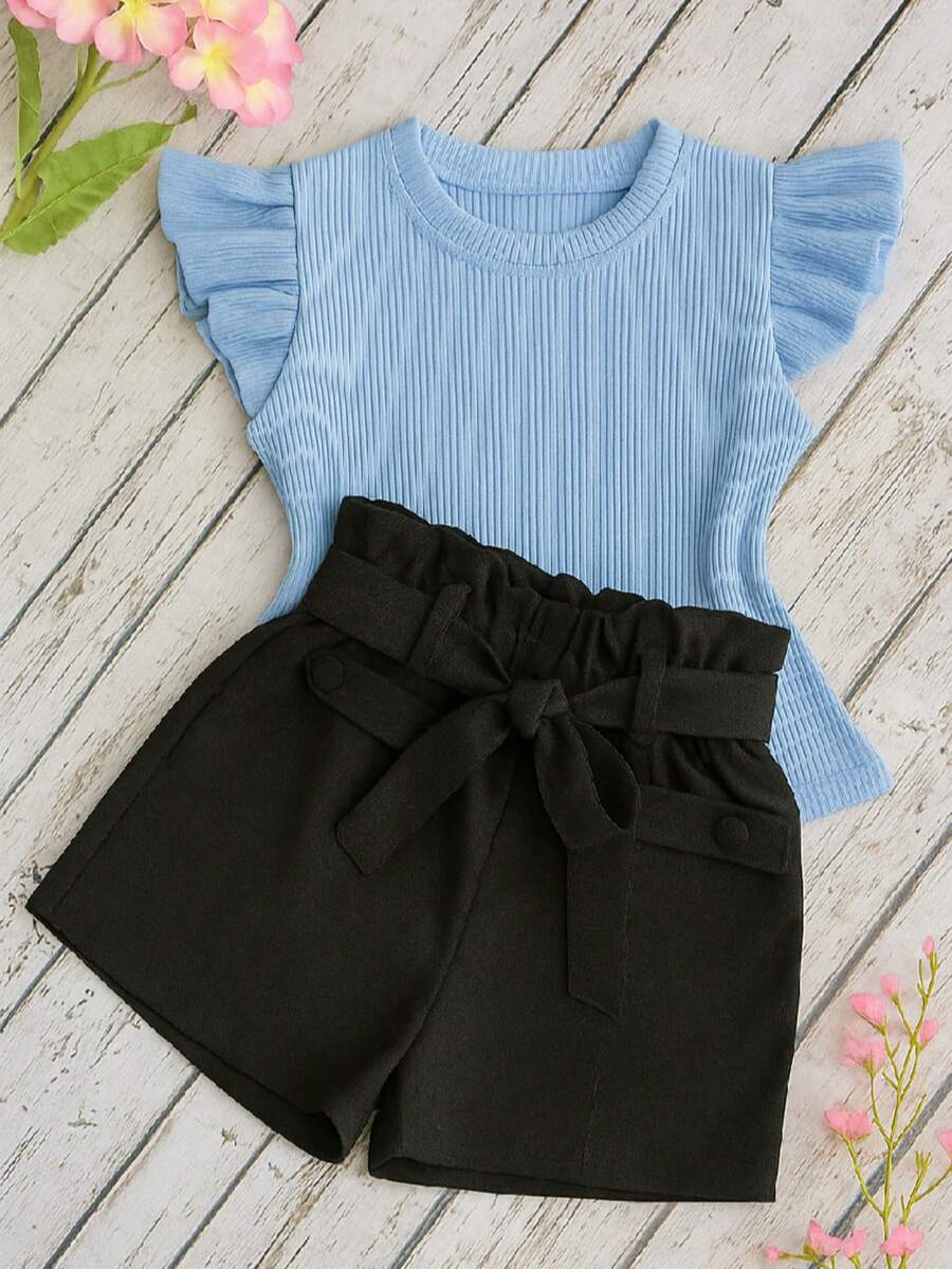 Children's Set Cropped Frufru Blouse + Linen Clochard Shorts Kit With 2 Super Stylish Pieces CJI033 - 黑色和淡藍色 - 查看 1