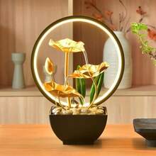 LUMIARTISAN Desktop Fountain Ornament With Waterfall And Leaf Design | Deep Basin Desktop Fountain, Natural River Pebbles | Zen Relaxation Interior Decoration For Offices, Living Rooms, And Bedrooms - Đài phun nước lá vàng-Halo - Xem 4