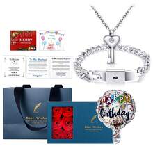 JEWELRYWE JewelryWe Pärchen Schloss Schlüssel Schmuckset: Paare Armband Halskette Set Damen Kette mit Geschenkbox Herz Anhänger Cuban Lock Armkette Edelstahl Geschenke für Partner Weihnachten Valentinstag