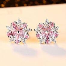 1 Pair Milan Style Pink Sakura Flower Copper Zirconia Stud Earrings For Women, Suitable For Travel, Date, Party, Summer Jewelry, Western Jewelry, Beach Accessories, Prom, Beach, Summer, Jewelry, Accessories